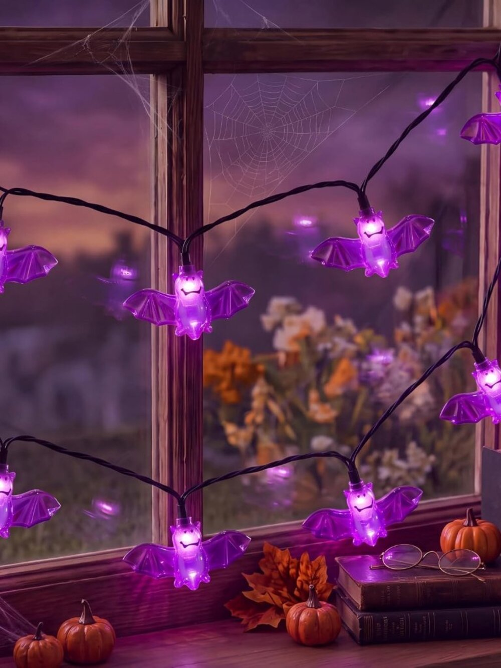8.5Ft Outdoor Halloween String Lights with 10 Purple Bat Lights Plug in